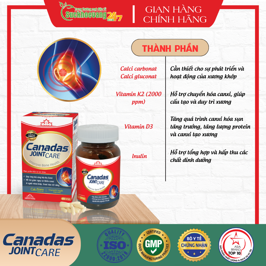 Viên uống bổ sung canxi Canadas Joint Care giảm tình trạng còi xương, loãng xương, giảm nguy cơ thiếu canxi ở người viêm khớp, thoái hóa cột sống - Hộp 60 viên