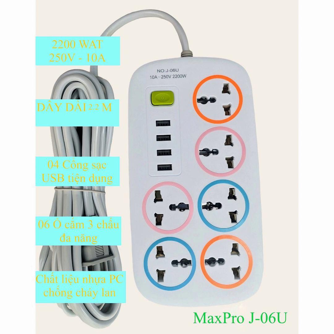 Ổ cắm điện J-06U đa năng chống giật 4 cổng usb tiện lợi, hàng loại 1 dây dài 2m - Hàng chính hãng