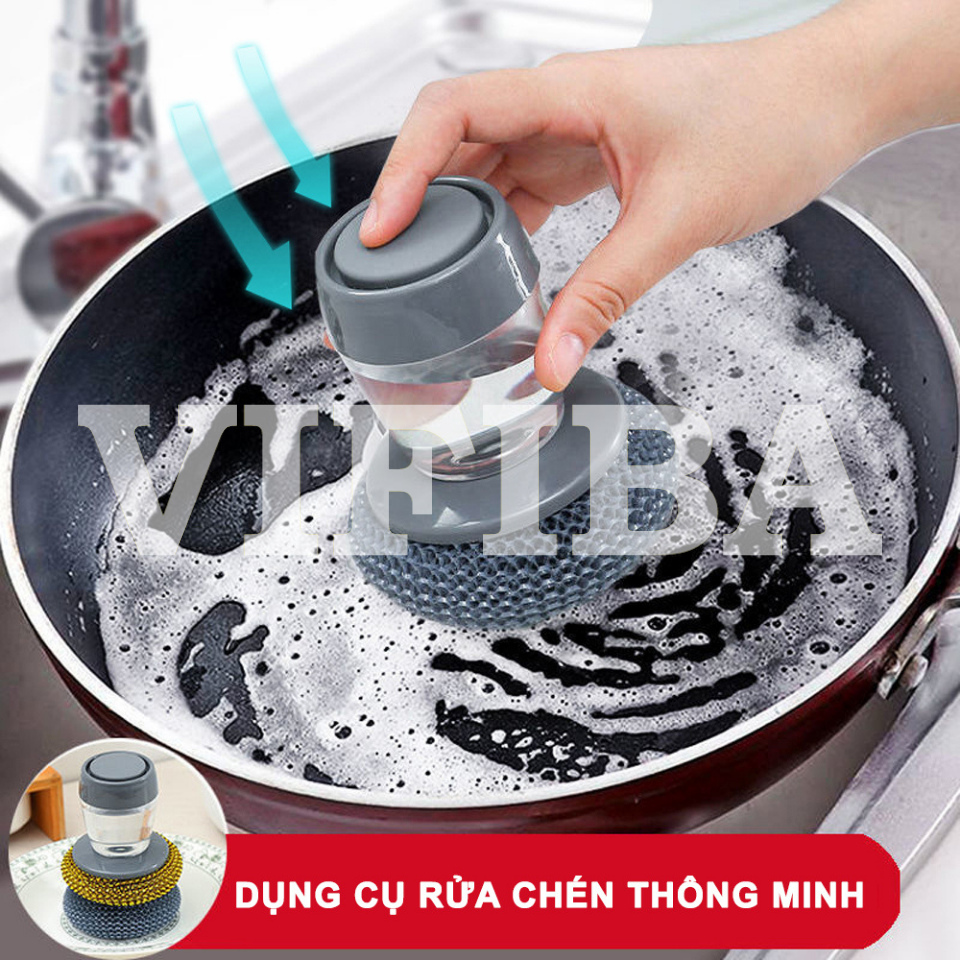 Dụng Cụ Rửa Chén Nhà Bếp Thông Minh Cao Cấp, Miếng Rửa Chén Chà Nồi Có Bình Đựng Nước Rửa Chén