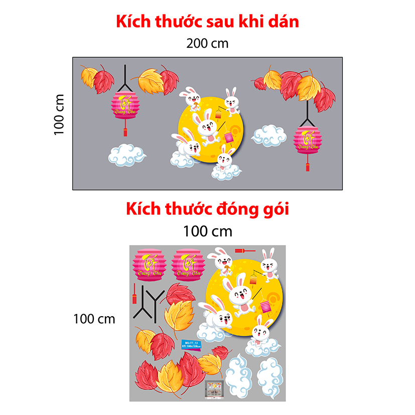 Decal trang trí trung thu 2021  các bạn thỏ trắng vui đùa trên cung trăng