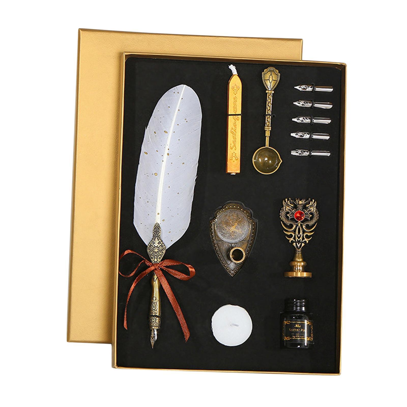 Calligraphy Feather Pen Set Feather Dip Pen Bottle of Ink Anitque White