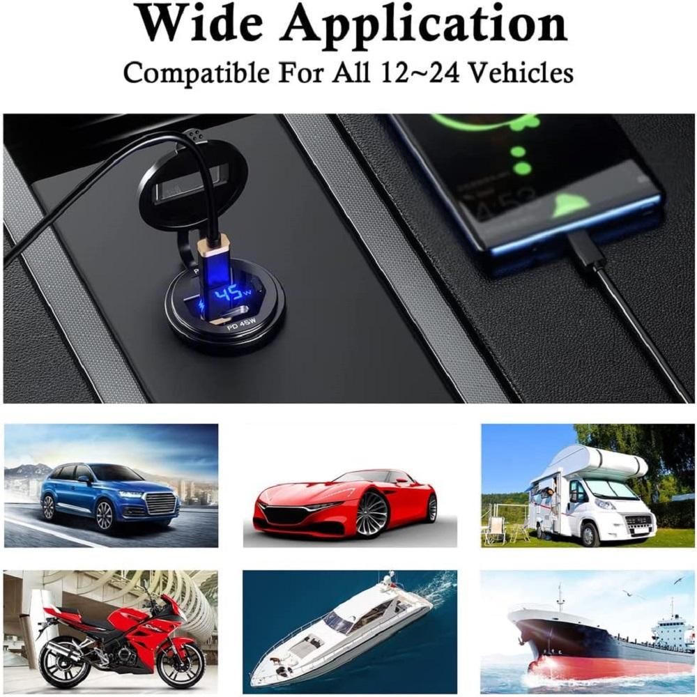 12V USB Bộ sạc PD Loại C Bộ sạc xe hơi Dual USB Ổ cắm bộ sạc 90W Outlet Power Power Charge Charge cho xe máy