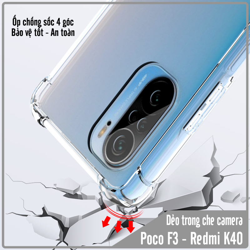 Ốp lưng 4 góc chống sốc cho Xiaomi Poco F3 - Redmi K40 Trong Suốt Che Camera