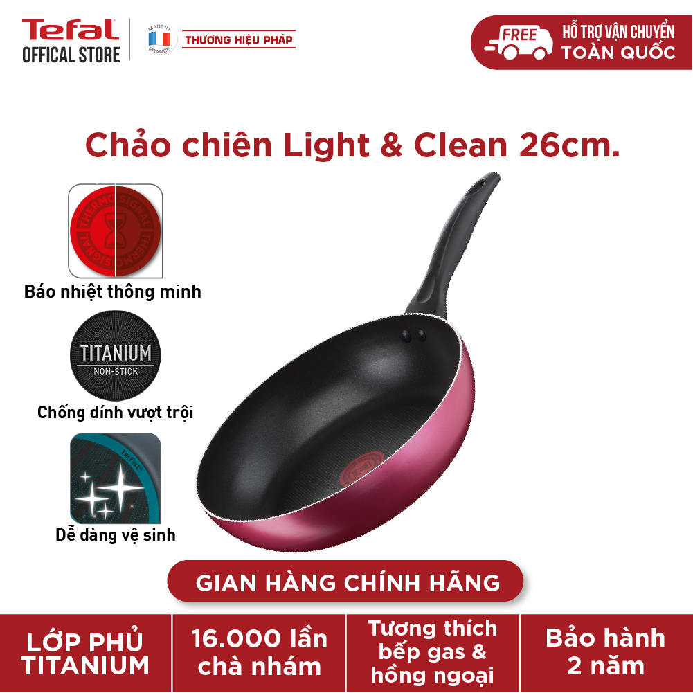 Chảo chiên chống dính Tefal Light &amp; Clean 26cm, dùng cho bếp ga và hồng ngoại- Hàng chính hãng