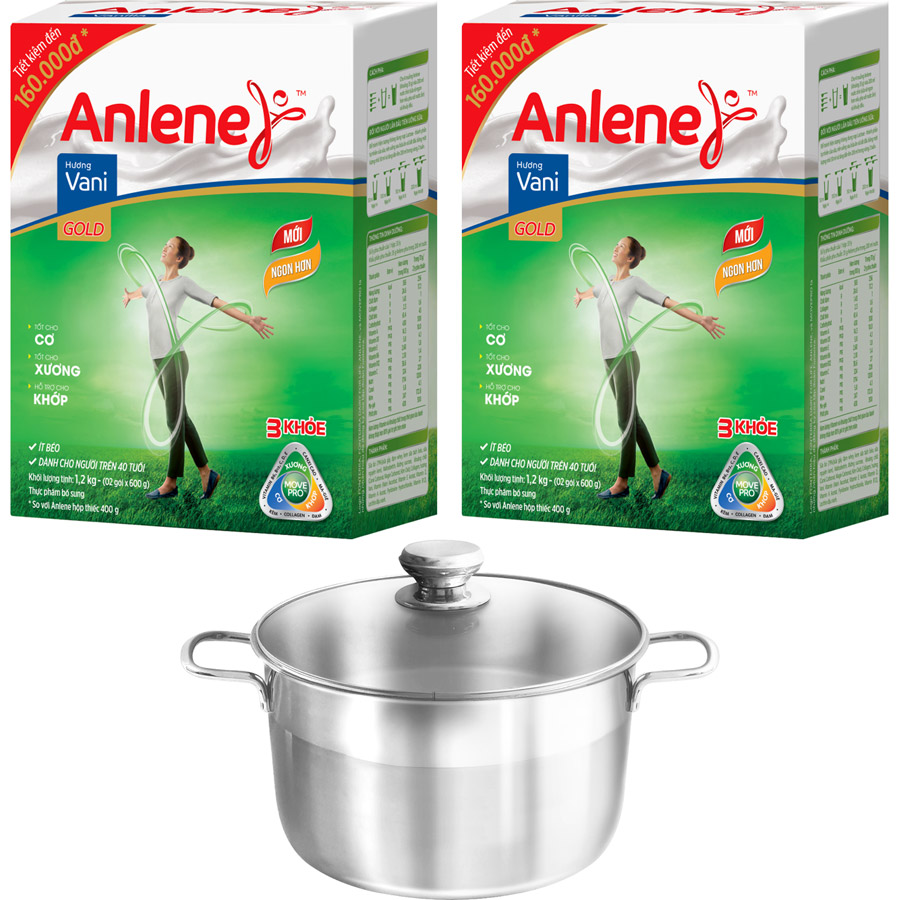 Combo 2 Sữa Bột Anlene Gold Movepro Hương Vanilla (Hộp Giấy 1,2kg) Tặng Nồi Inox