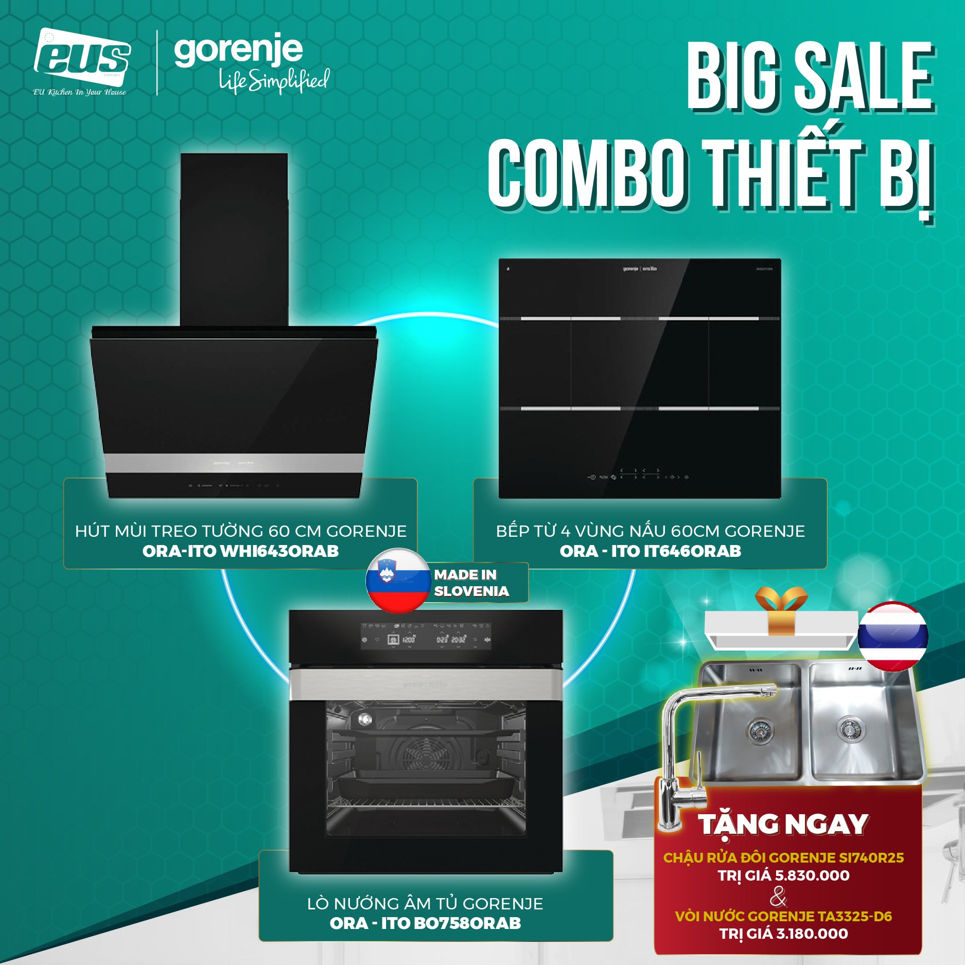 Combo Bếp Từ 4 Vùng Nấu 60cm Gorenje ORA-ITO IT646ORAB + Hút Mùi Treo Tường 60cm Gorenje ORA-ITO WHI643ORAB + Lò Nướng Âm Tủ BO758ORAB - Hàng Chính Hãng