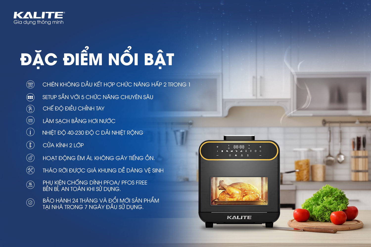 Nồi chiên hơi nước Kalite STEAM PRO, kết hợp chiên không dầu và hấp, bảng điều khiển cảm ứng, công suất 1800W, dung tích 15L, hàng chính hãng