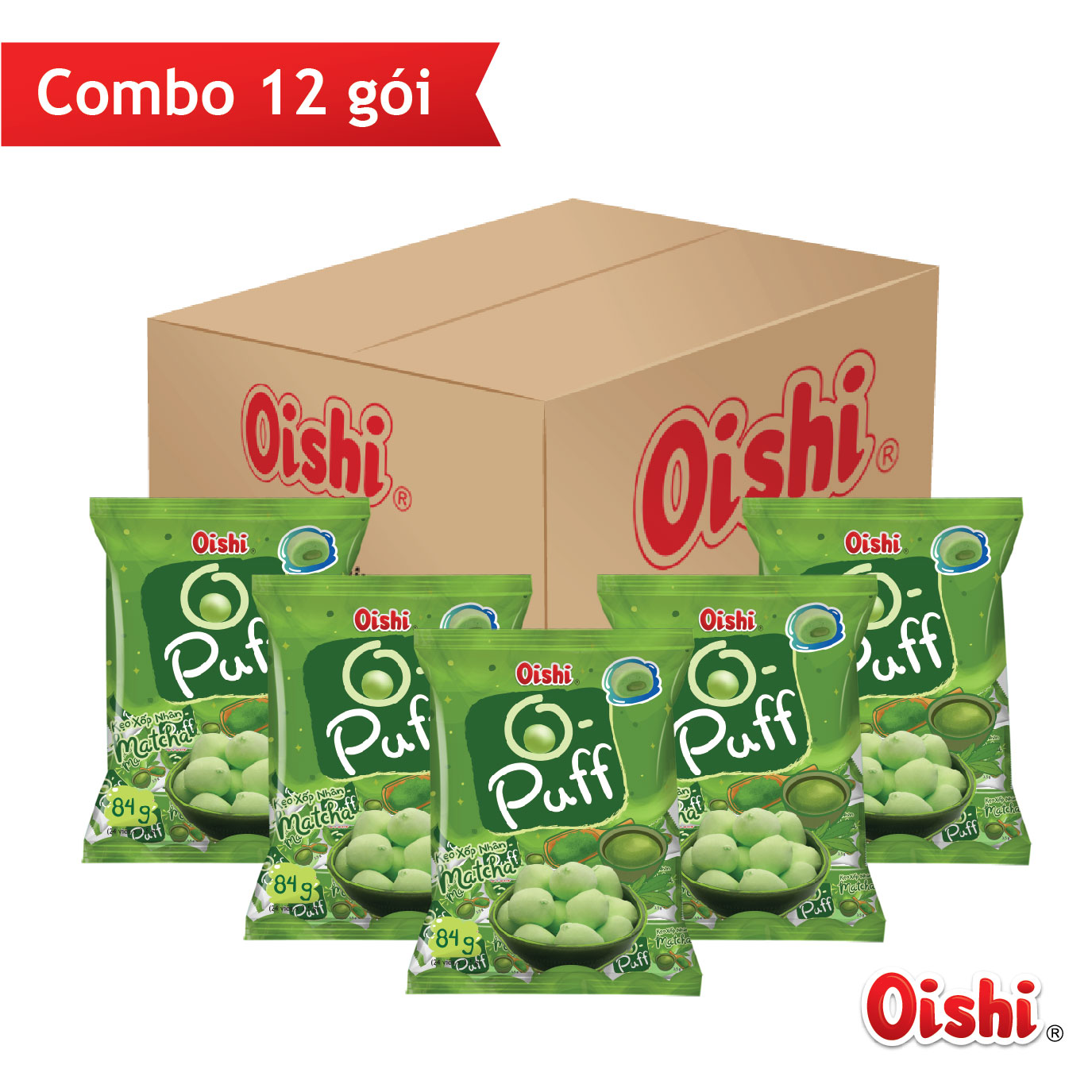 Combo 12 gói Oishi Kẹo Xốp Nhân Trà Xanh Matcha O-Puff (84g/gói)