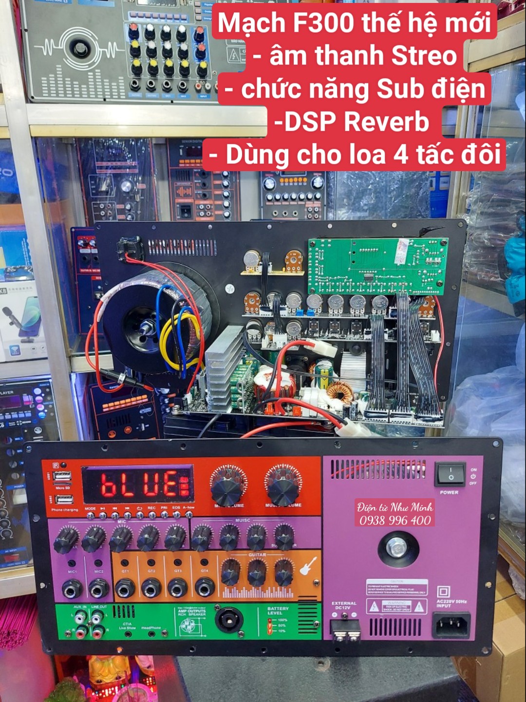 Mạch Loa Kéo F300 2 kênh Streo KÈM TÍNH NĂNG SUB ĐIỆN DSP REVERB KÍCH THƯỚC 19CMX38CM
