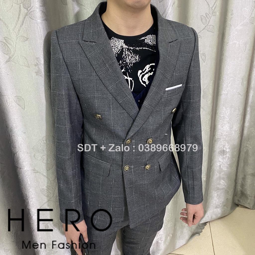 Bộ vest nam cao cấp Kẻ caro xám, Bộ suit Nam Hàn Quốc