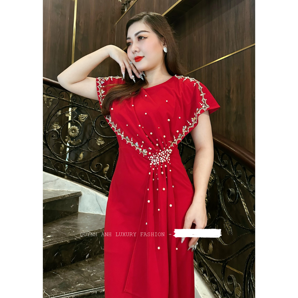 Đầm Dạ Hội Dáng Dài Đỏ Cổ Tròn Kết Đá Lily Dress