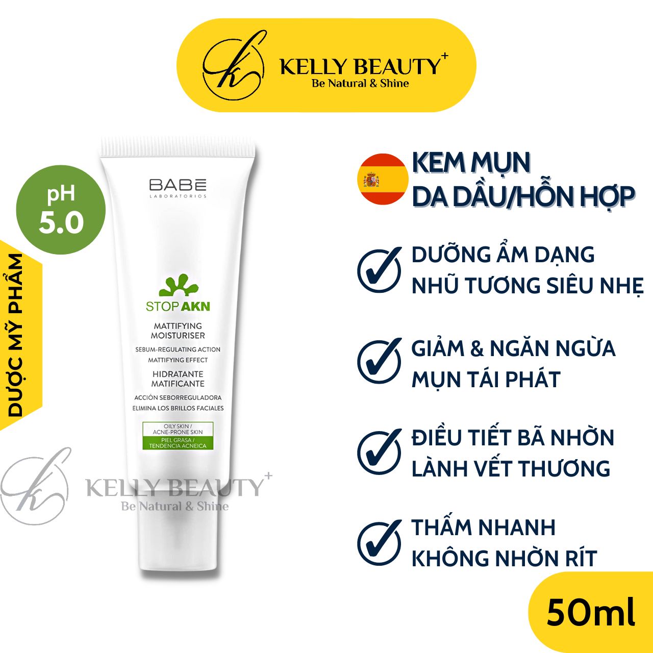 Kem Dưỡng Kiềm Dầu Ngừa Mụn BABE Stop AKN Mattifying Moisturiser - Kelly Beauty