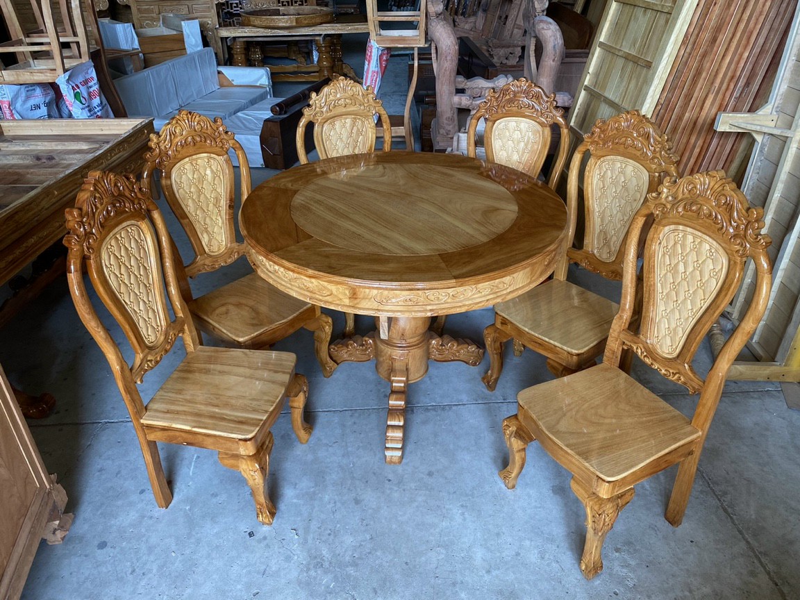 Bộ bàn ăn tròn 8 ghế gỗ căm xe