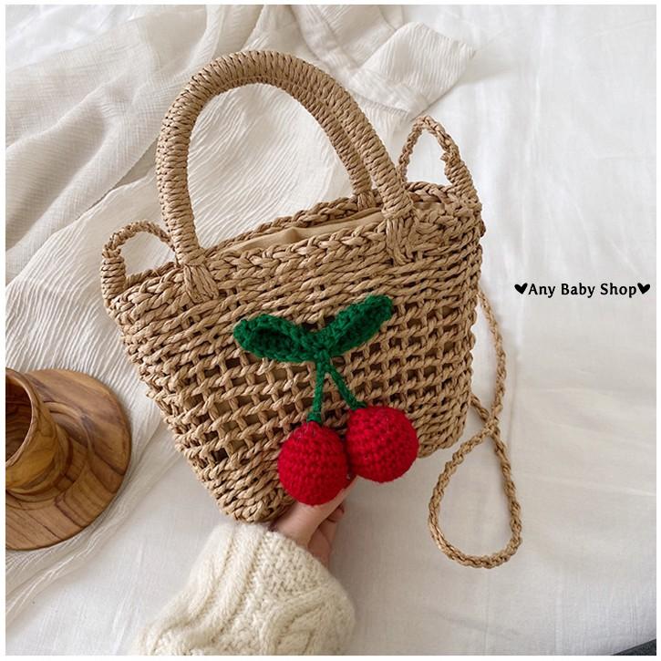 Túi cói đi chơi,đi biển đeo chéo-có quai xách hình cherry 2 màu cực xinh