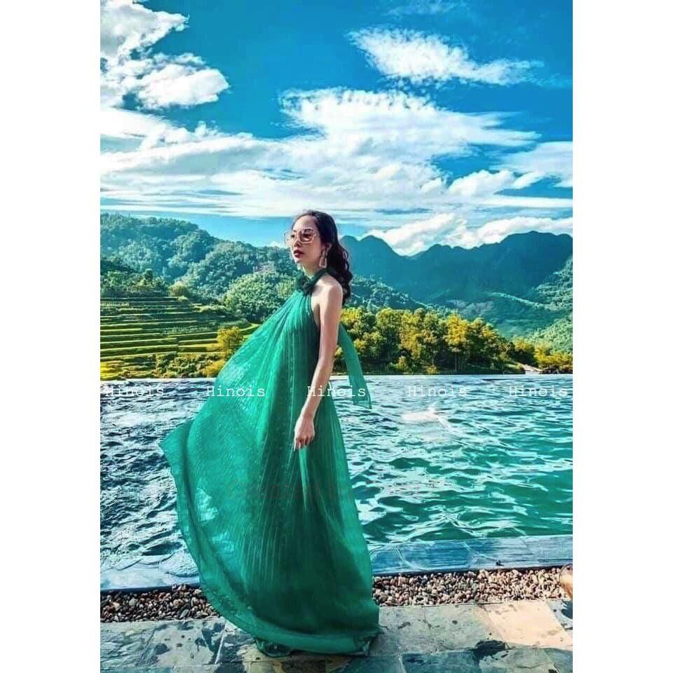 Đầm Maxi Hở Lưng - Váy Maxi Cổ Yếm Dáng Xếp Li Xòe Có Mút Ngực, Chất Liệu Voan Lụa Mềm Mại Thích Hợp Đi Biển kèm vide