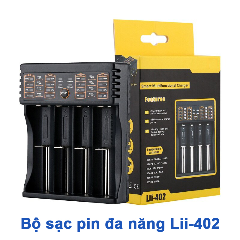 Bộ sạc pin đa năng Pin AA AAA 18650 26650 14500 Pin Lithium ion Ni-MH Lii-402 4 khay