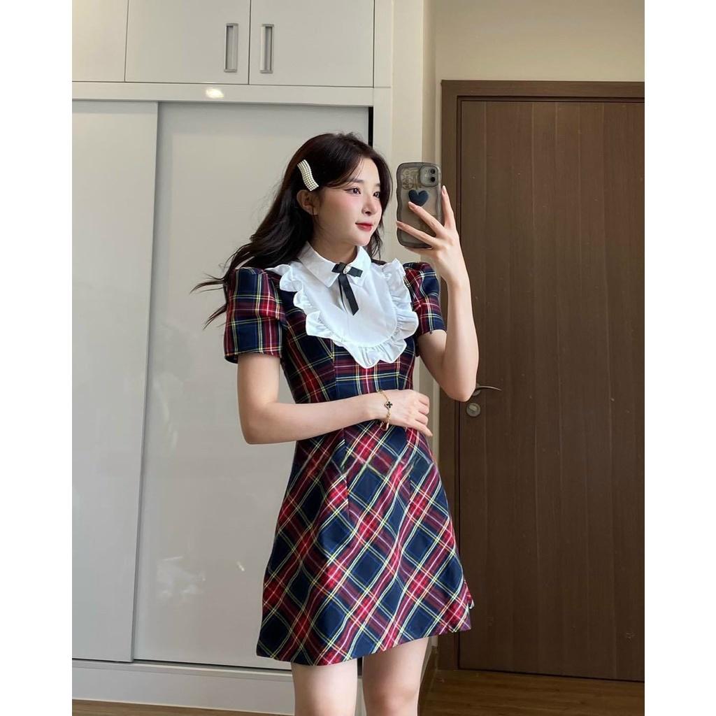 Đầm ngắn caro cổ trắng bèo nơ đen tiểu thư công chúa công sở dịu dàng