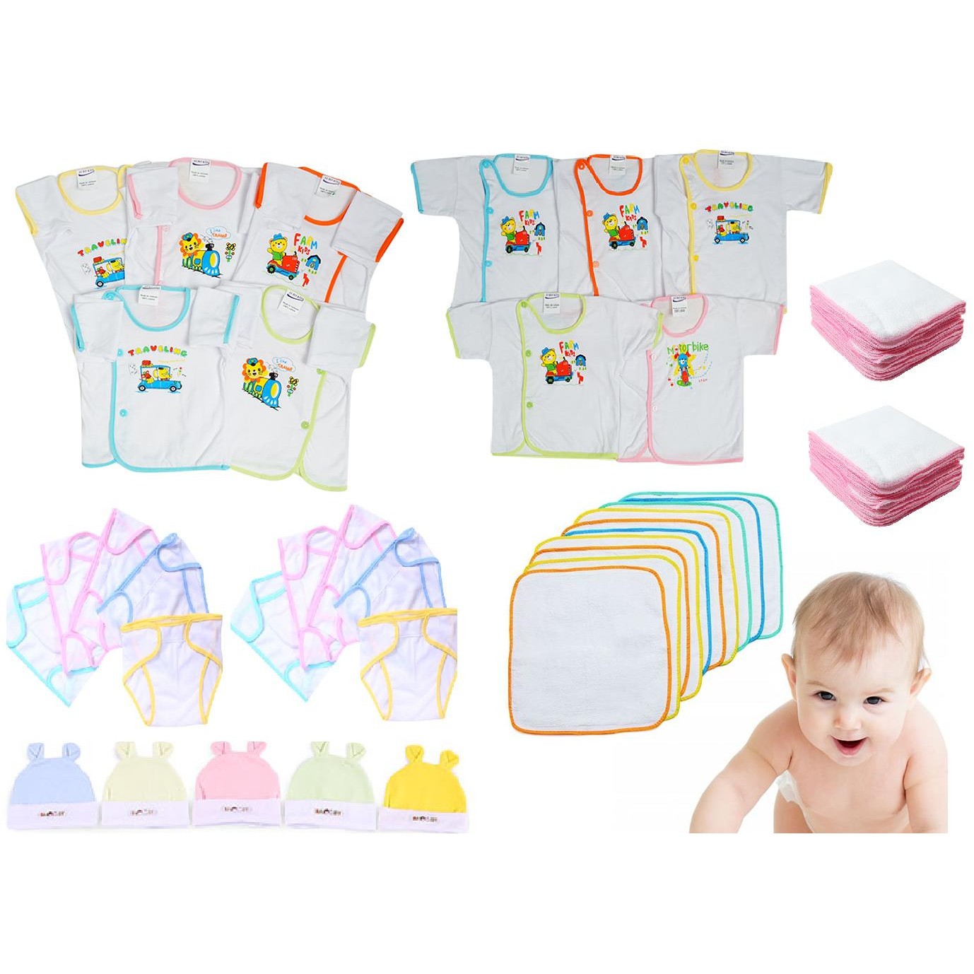 TRỌN GÓI sơ sinh cho bé 55 MÓN ( 10 áo viền nút bên + 10 tã dán + 10 tã lót + 5 nón + 20 khăn sữa)