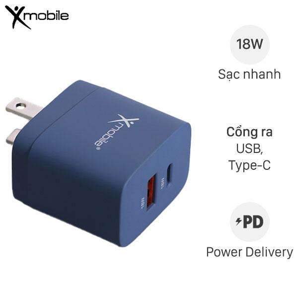 Adapter sạc 2 cổng Type C PD QC 3.0 18W Xmobile DS714 Xanh Navy - Hàng Chính Hãng