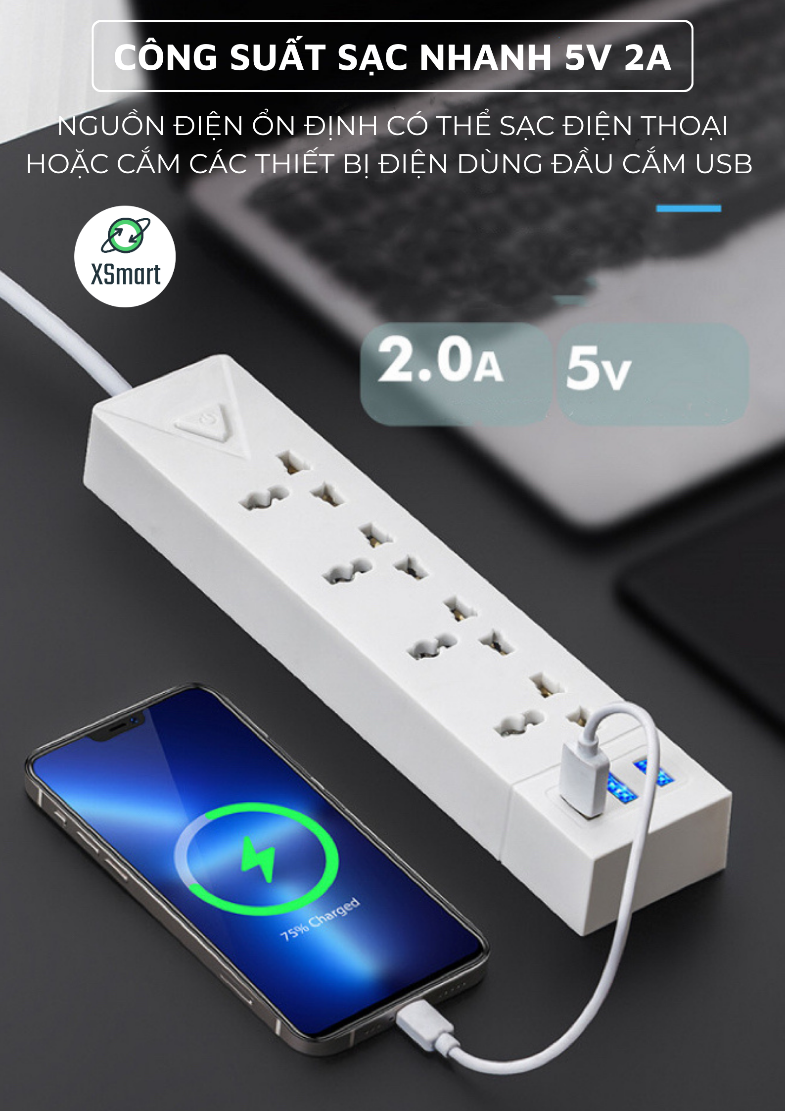 Ổ Cắm Điện Đa Năng Chịu Tải 2500w Cắm Mọi Thiết Bị Tích Hợp Cổng USB 5V Tiện Lợi Dây Dài 2,8 Mét Chống Cháy Nổ Cực An Toàn -Hàng Chính Hãng