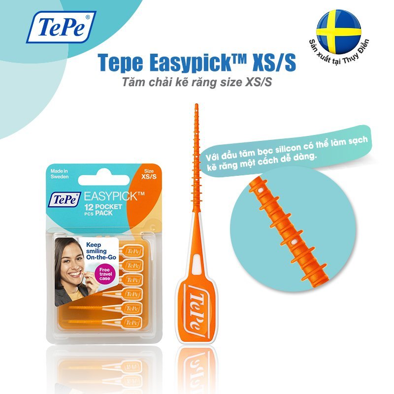 Tăm chải kẽ răng Tepe size XS-S màu cam EasyPick (Vỉ 12 cây kèm hộp)