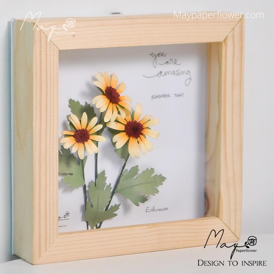 Tranh Hoa Giấy Handmade Trang Trí - Cúc Mỹ Echinacea Vàng MAYPAPERFLOWER Khung Gỗ Size 19x19cm