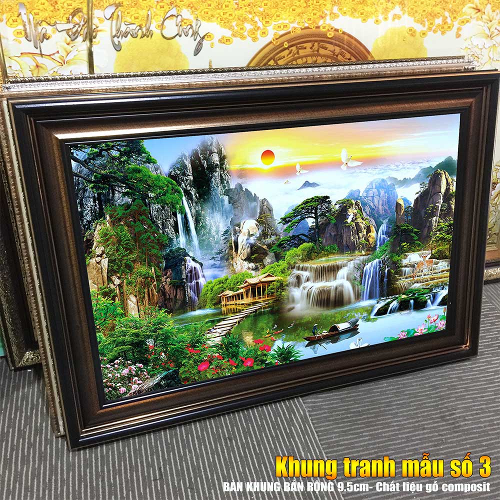 Tranh treo tường phòng khách, phòng ngủ SƠN THỦY HỮU TÌNH khung gỗ composit chất liệu pvc gương / lụa kim sa. MS:2150L9