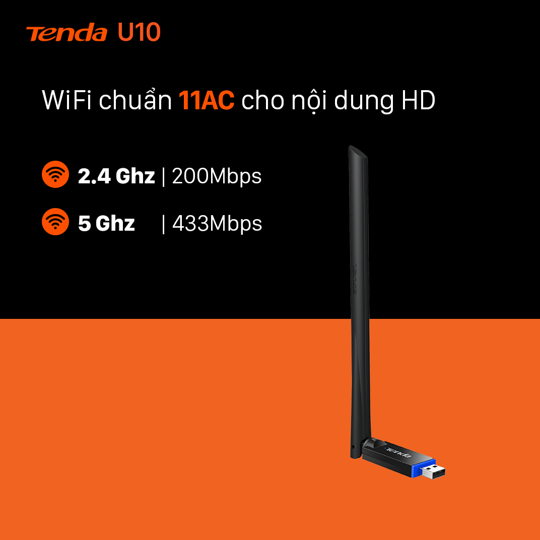 Tenda USB kết nối Wifi U10 chuẩn AC tốc độ 650Mbps - Hãng phân phối chính thức