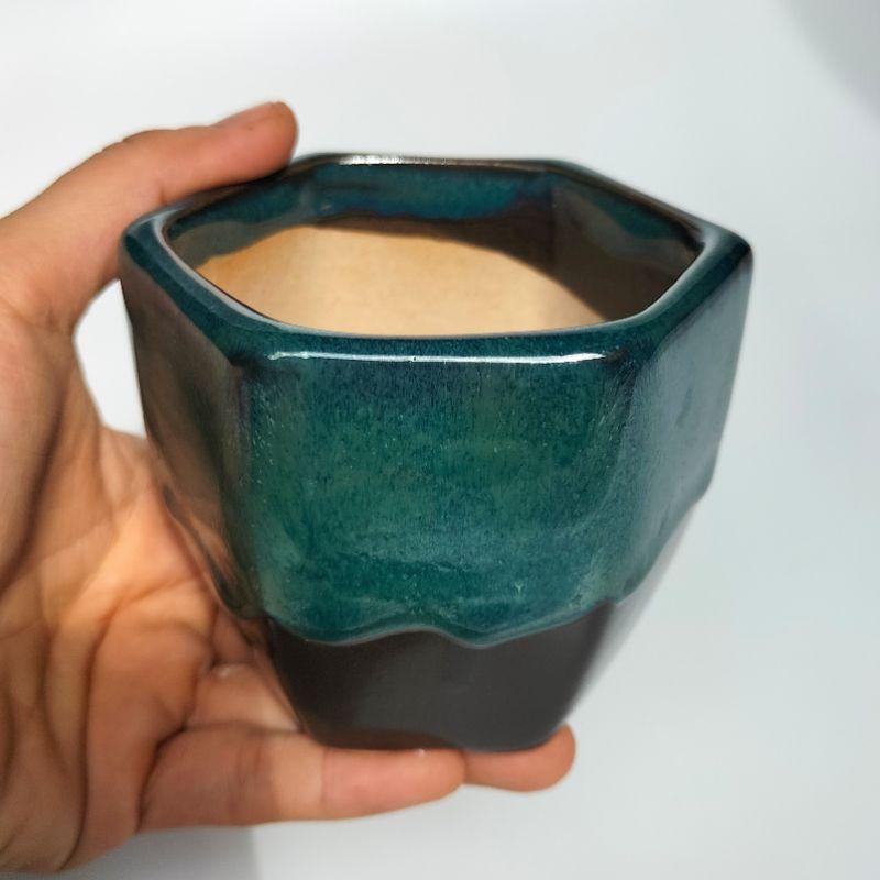 Chậu sứ trồng cây mini miệng lục giác để bàn, men hỏa biến bóng đẹp