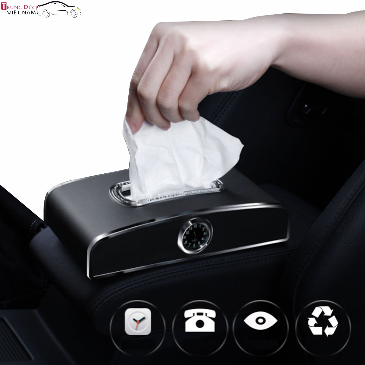 Hộp Đựng Khăn Giấy tích hợp Bảng Số Điện Thoại + Đồng Hồ đặt taplo Ô tô, Xe Hơi - Hàng Chính Hãng TDVN