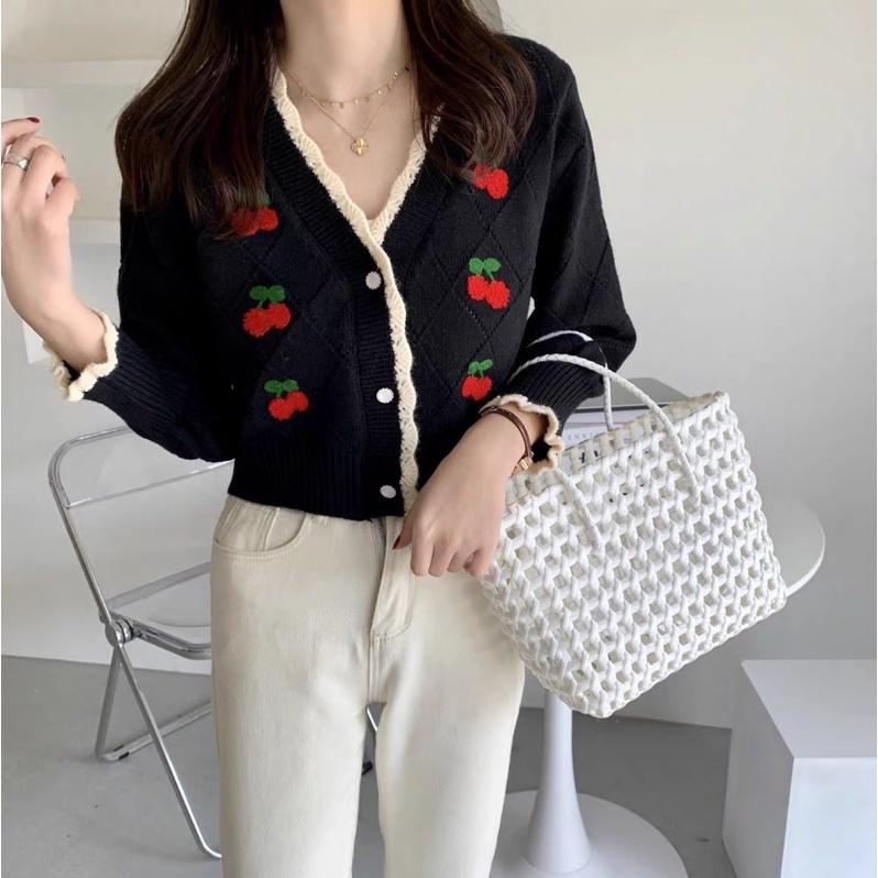 Áo Khoác Cardigan Nữ Dáng Ngắn Len Đan Thêu Cherry (ẢNH THẬT+VIDEO)