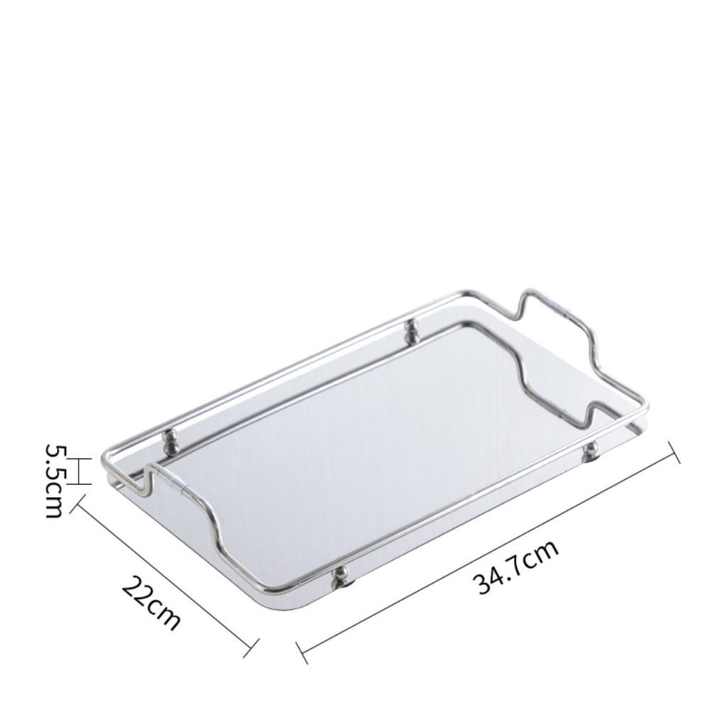 Khay thép gương trắng bạch kim có tay cầm sang chảnh, khay Decor phong cách Bắc Âu