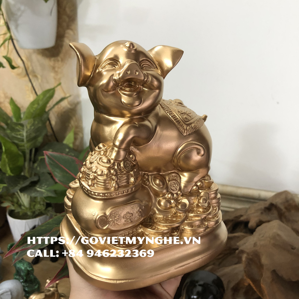 [Tượng heo phong thủy] Tượng đá con heo trang trí tượng heo phong thủy phòng làm việc - Cao 18cm - Màu nhũ đồng