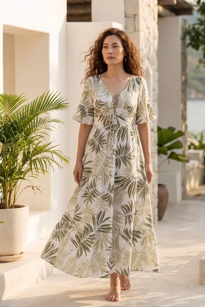 Đầm Maxi Linen Lá Cọ Du Lịch Nhiệt Đới, Đầm Maxi Linen Bích Diệp Dre204 Thời trang Hity