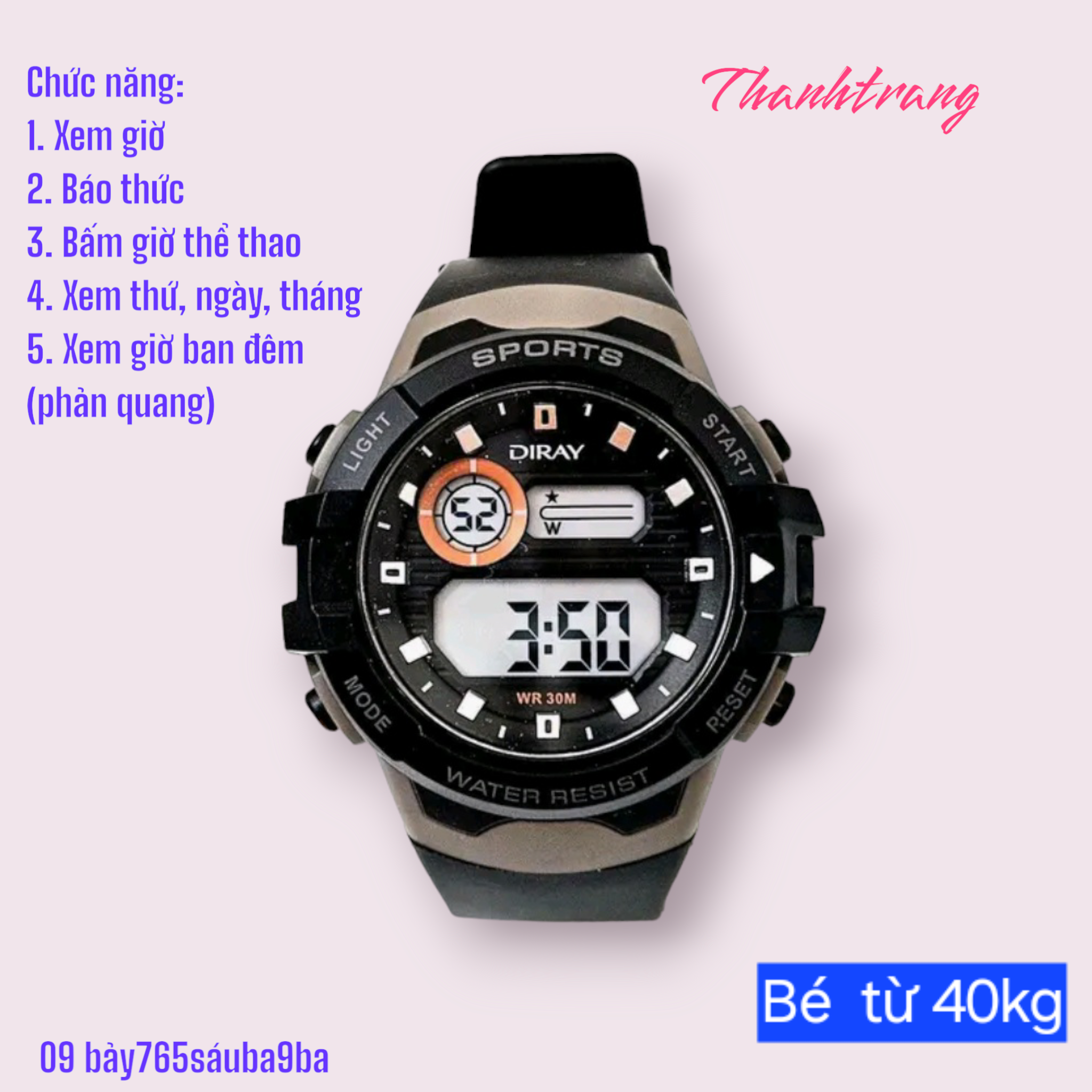 Đồng hồ điện tử trẻ em Diray nhiều màu cho bé trai, dây silicone, chống nước 30m, có bảo hành