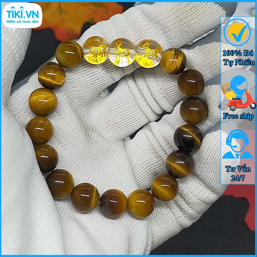 Vòng tay phong thủy nam tam hợp hợi mão mùi chất liệu đá mắt hổ vàng nâu tự nhiên - size 8 10 12ly cho người mệnh thổ, mệnh kim - có khai quang điểm nhãn may mắn tài lộc - PHONG THỦY ANH VŨ