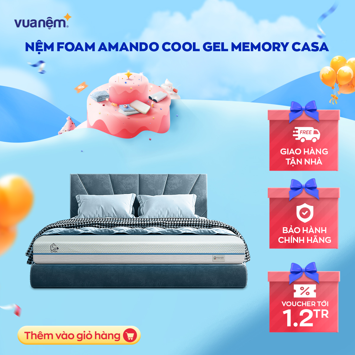 Nệm Foam cuộn hút chân không cao cấp Amando Casa - Cool gel memory foam - Êm ái, thoáng mát, điều hoà thân nhiệt