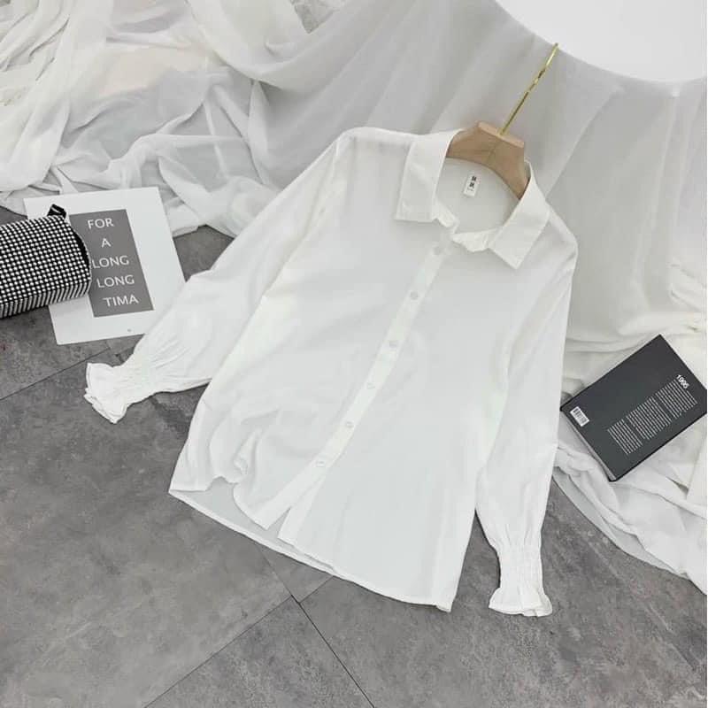 Áo Sơ Mi Nữ From Rộng Kiểu Công Sở Dài Tay Phồng Bo Chun Dáng Dài Hàn Quốc Vải Lụa Màu Trắng Cổ Đức Vintage MOLA