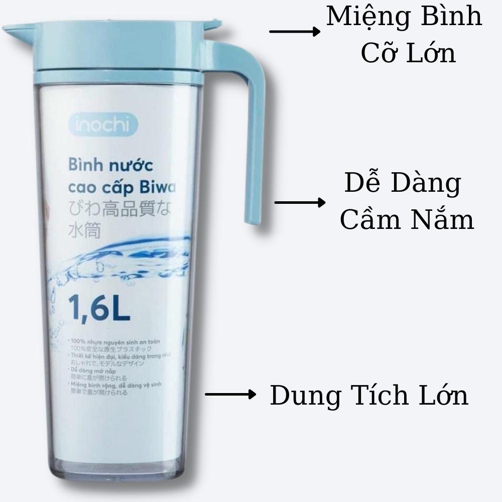 Bình nước nhựa ,cao cấp Biwa INOCHI 1.6L đựng nước chịu nhiệt cao nắp mở tiện dụng