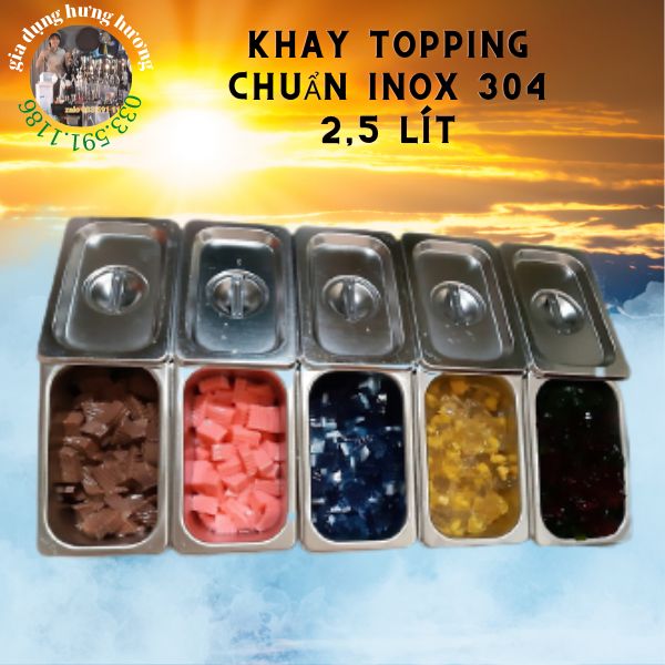 khay đựng topping, thạch bằng inox 304 không gỉ có nắp đậy khay 1/4 - 2,5 lít inox