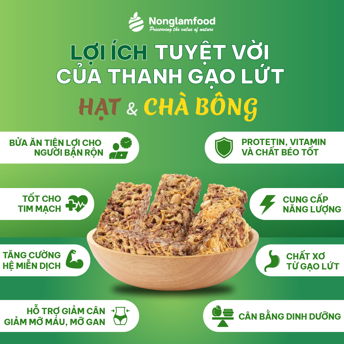 Thanh gạo lứt năng lượng ngũ cốc Hạt và Chà Bông Nonglamfood hộp 8 thanh 136g