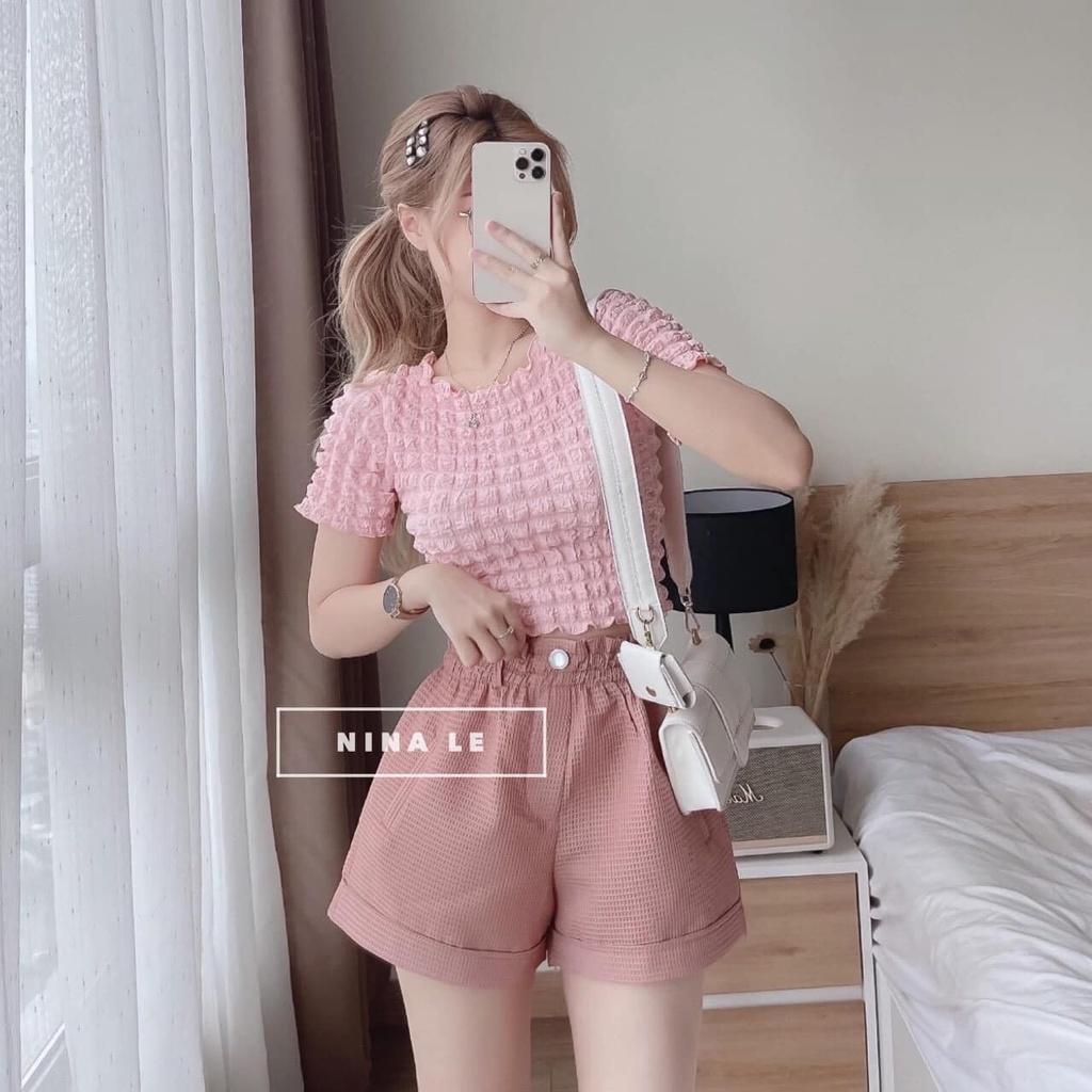 Áo vải xốp cổ tròn, áo kiểu nữ ngắn tay cổ tròn.