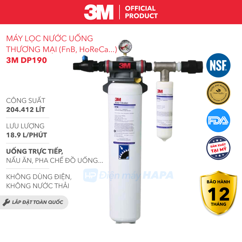 Máy Lọc Nước 3M DP190 Công Suất 204.412 Lít, Lưu Lượng 18.9 Lít/Phút, Công Nghệ NANO 3M Mỹ, Uống Trực Tiếp Và Đa Ứng Dụng, Kết Nối Thiết Bị Pha Chế, FnB, HoReCa, Nhà Hàng, Quán Cafe, 3MDP190 HF90 HF8S - Nhập Khẩu Mỹ, Hàng Chính Hãng 3M