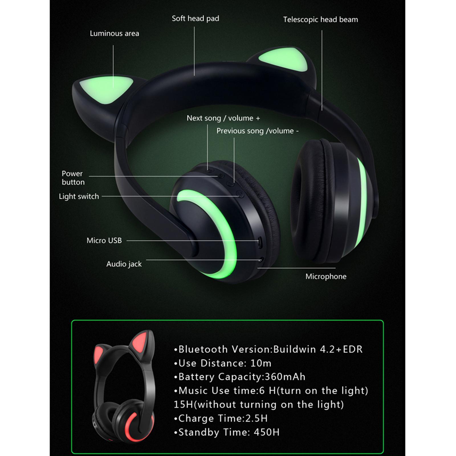 Kids Glowing Cute Cat Ear Wireless Headphones On-Ear Gamer Headsets Black