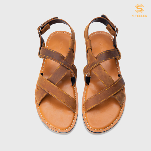 Sandal da bò 100% nam STEELER - sandal unisex S9 Nâu - chất liệu da bò sáp, đế cao su.