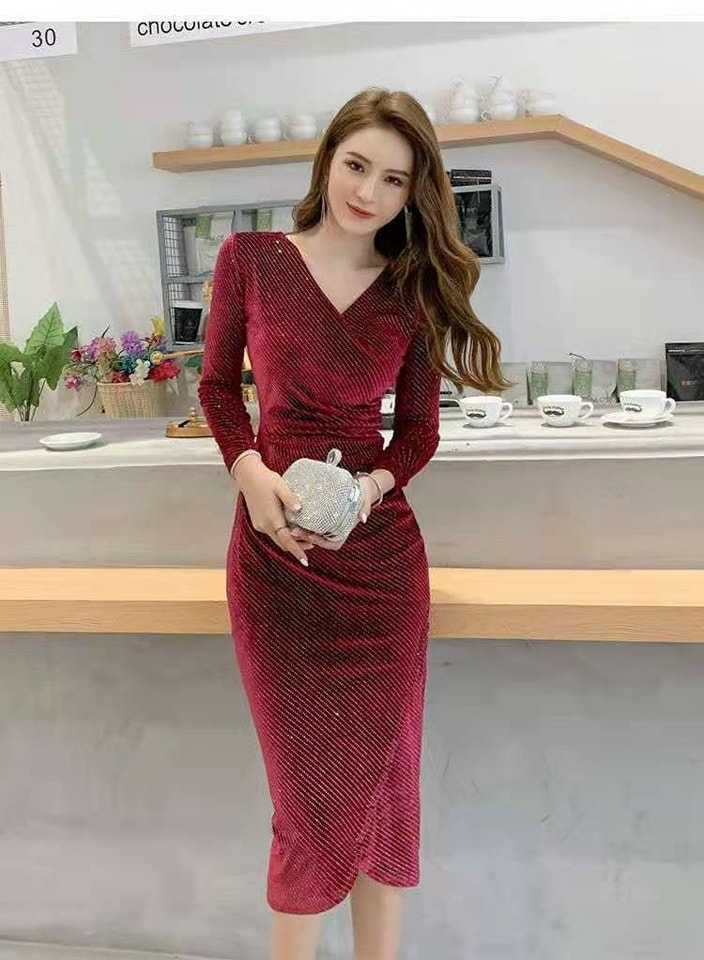 ĐẦM BODY NHUNG KIM SA CỔ ĐẮP CHÉO CAO CẤP