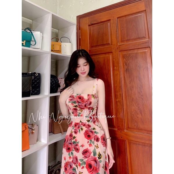 Đầm maxi hai dây hoạ tiết, hoa có túi hai bên chất mango cao cấp