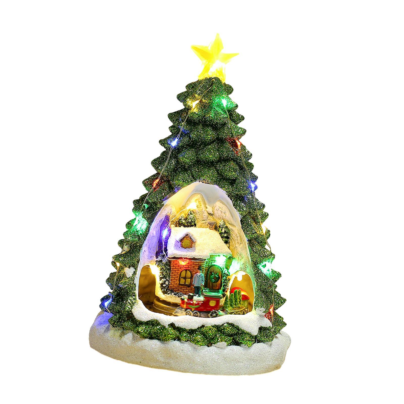 Christmas Tree Glowing House Holiday House Xmas Music Ornament Rotating Train Figurine Statue for Home Living Room Decoration
