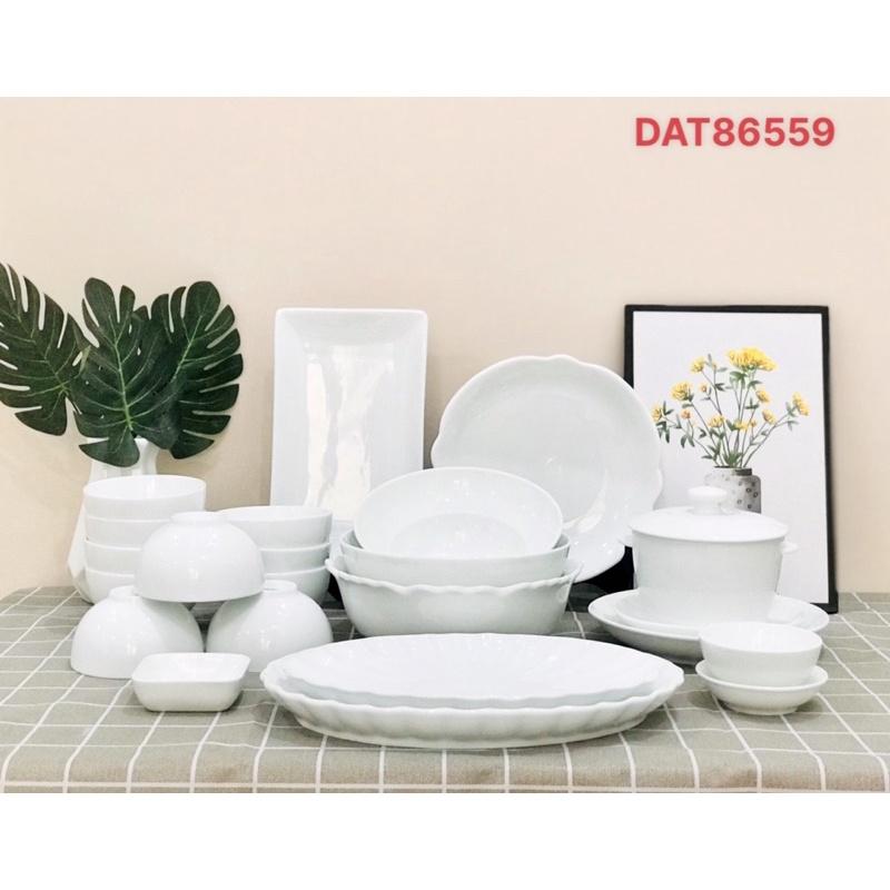 Bộ bát đĩa men trắng ngọc. Gốm sứ Bát Tràng.