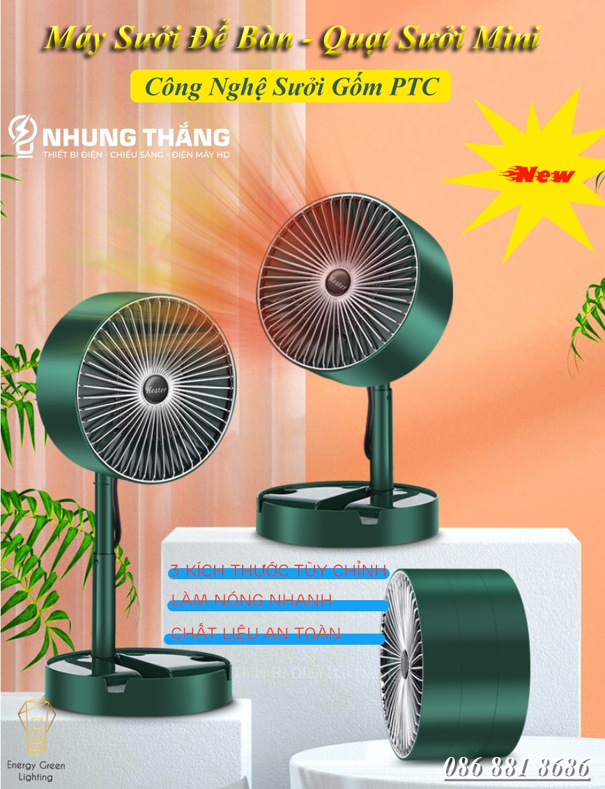 Máy Sưởi Để Bàn TN036, Quạt Sưởi Mini - Công Nghệ Sưởi Gốm PTC Ceramic-Làm Nóng Nhanh - Tích Hợp Tản Gió -Tiết Kiệm Điện - Có Video